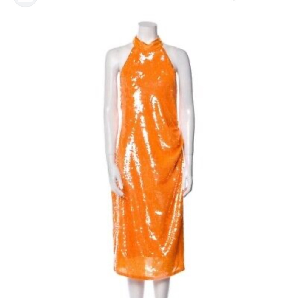 Caroline Constas Orange Sequin Midi Dress
